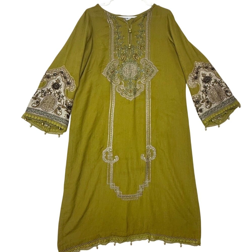 Maria B Olive Green Embroidered Kurta Tunic Women Medium Floral Sequin Lace Trim